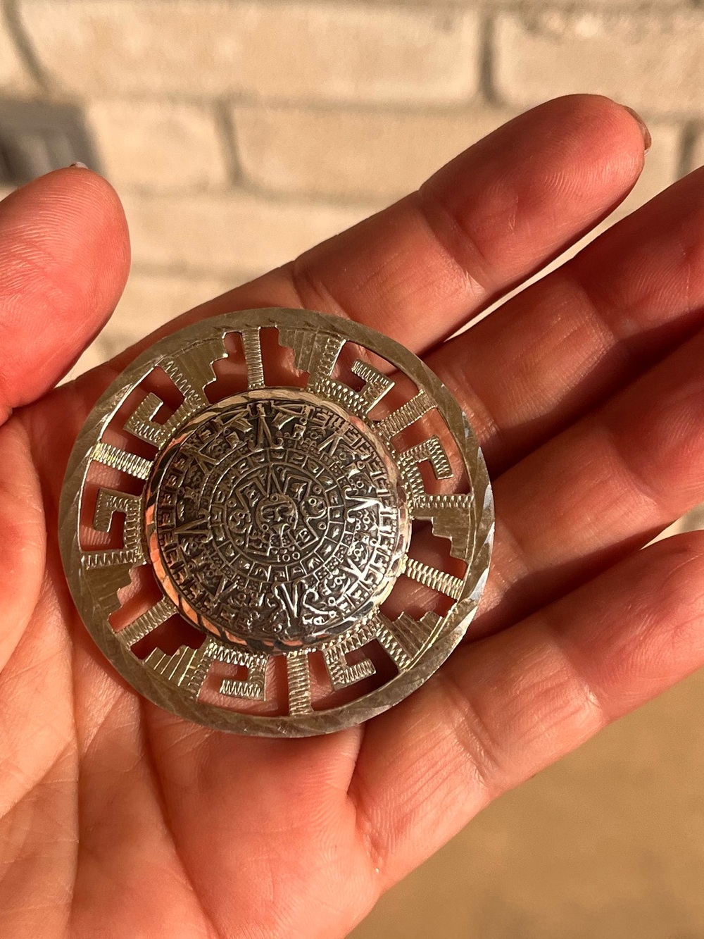 Vintage Large Mexico Mayan Calendar 925 silver Pin Brooch Pendant